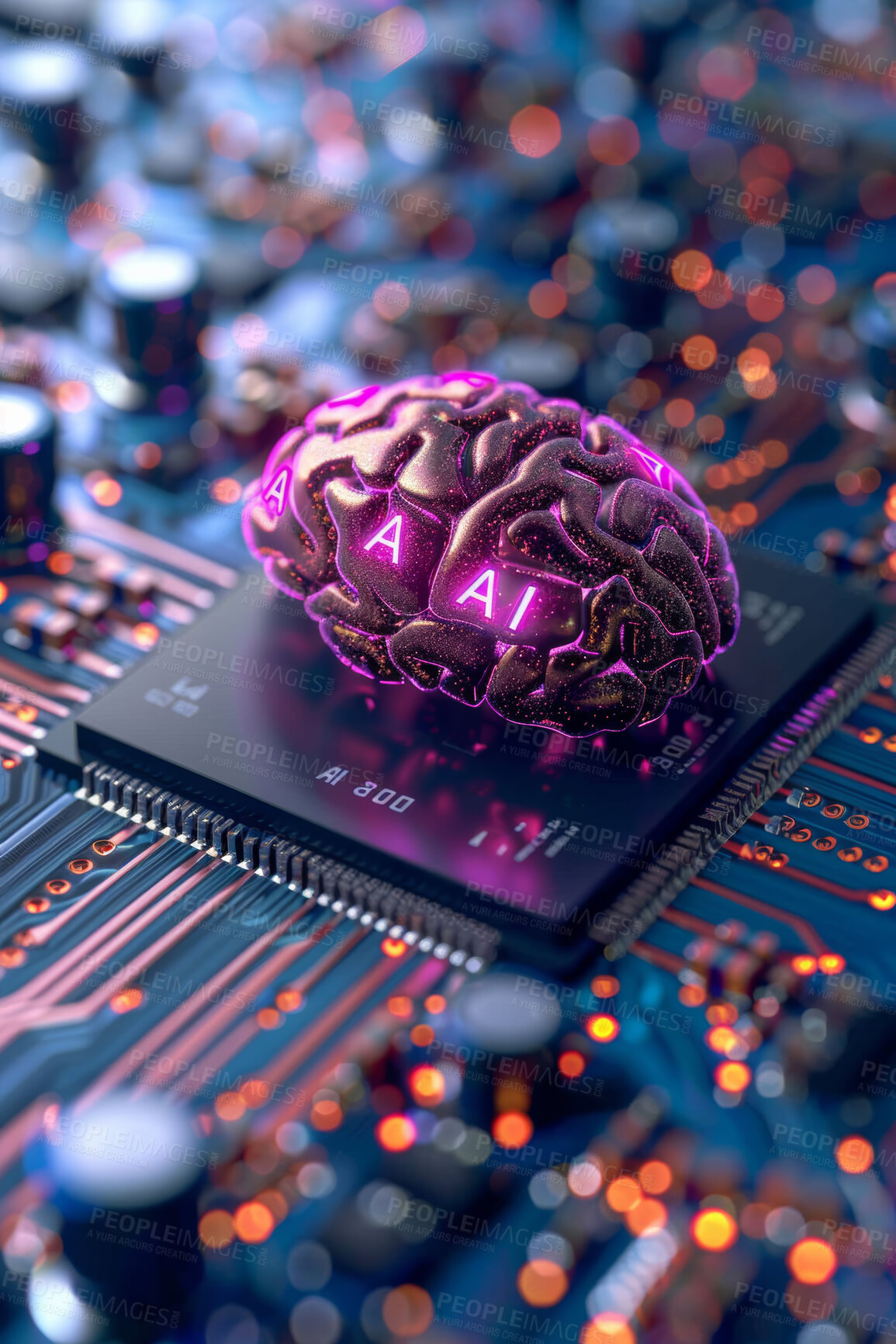 Buy stock photo Abstract, AI or circuit board with brain for futuristic tech, computer or digital transformation in vertical. Electronics, connection or microchip system with hardware drive, cyber security or server