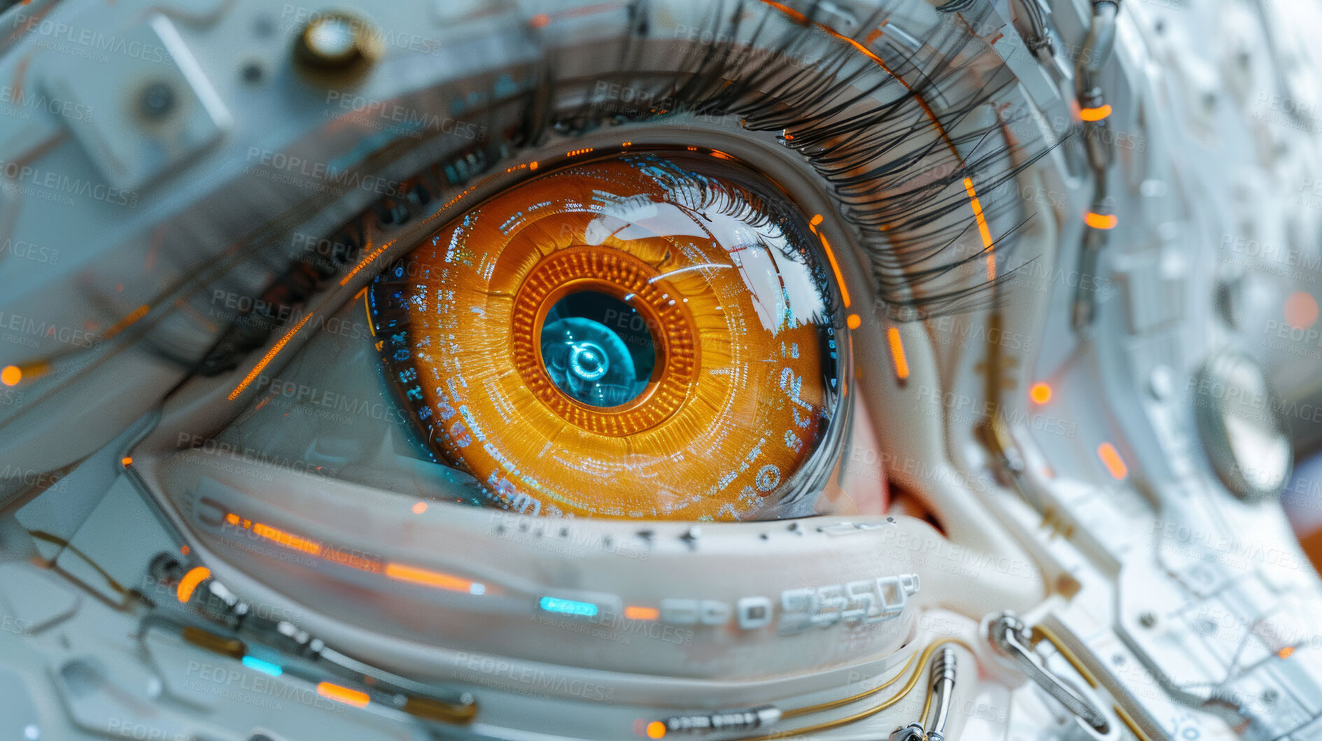Buy stock photo Futuristic, robot eye and programming for artificial life form, evolution and vision technology. Abstract, sight and advanced mechatronic to see internet for knowledge, growth and machine learning