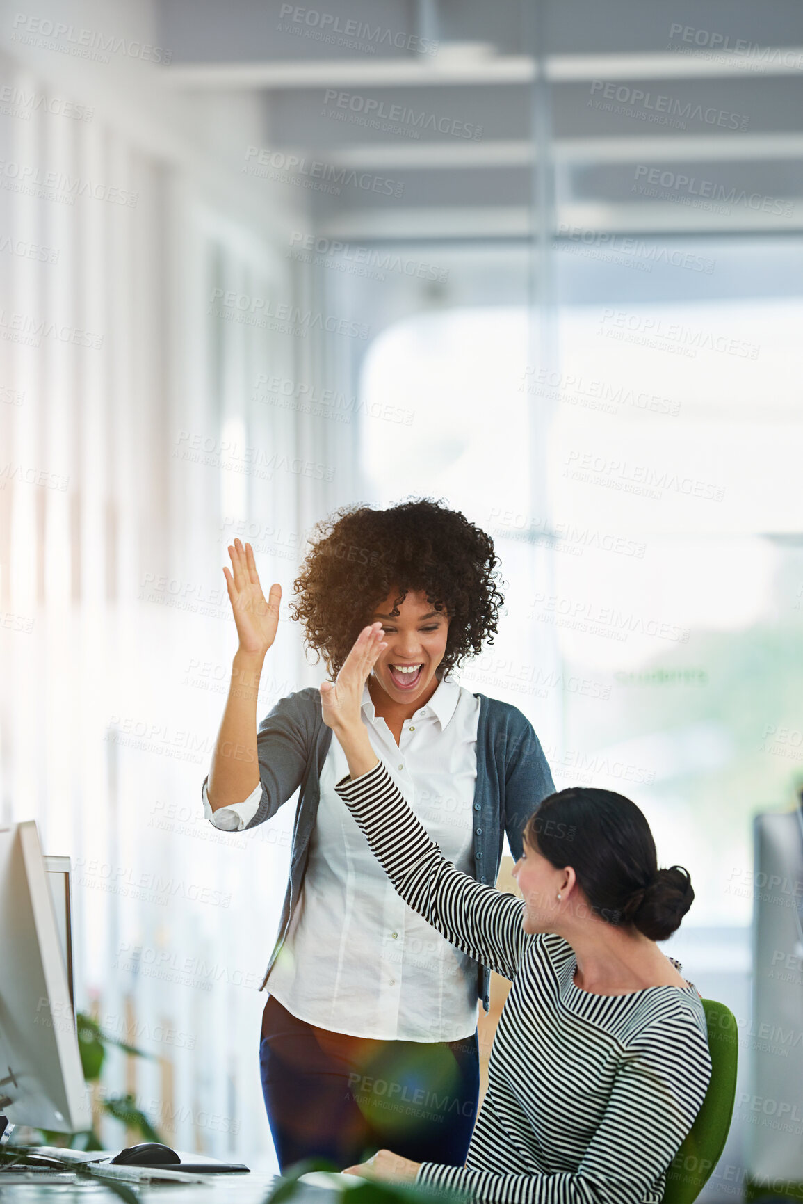 Buy stock photo Computer, collaboration and high five for success with business people in office for bonus or support. Deal, smile and winner with employee team in workplace for celebration of goals or target