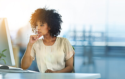 Buy stock photo Woman, thinking and business office and desk with computer, desktop and planning for online project. Search, information and professional administrator, reading email and company schedule for work