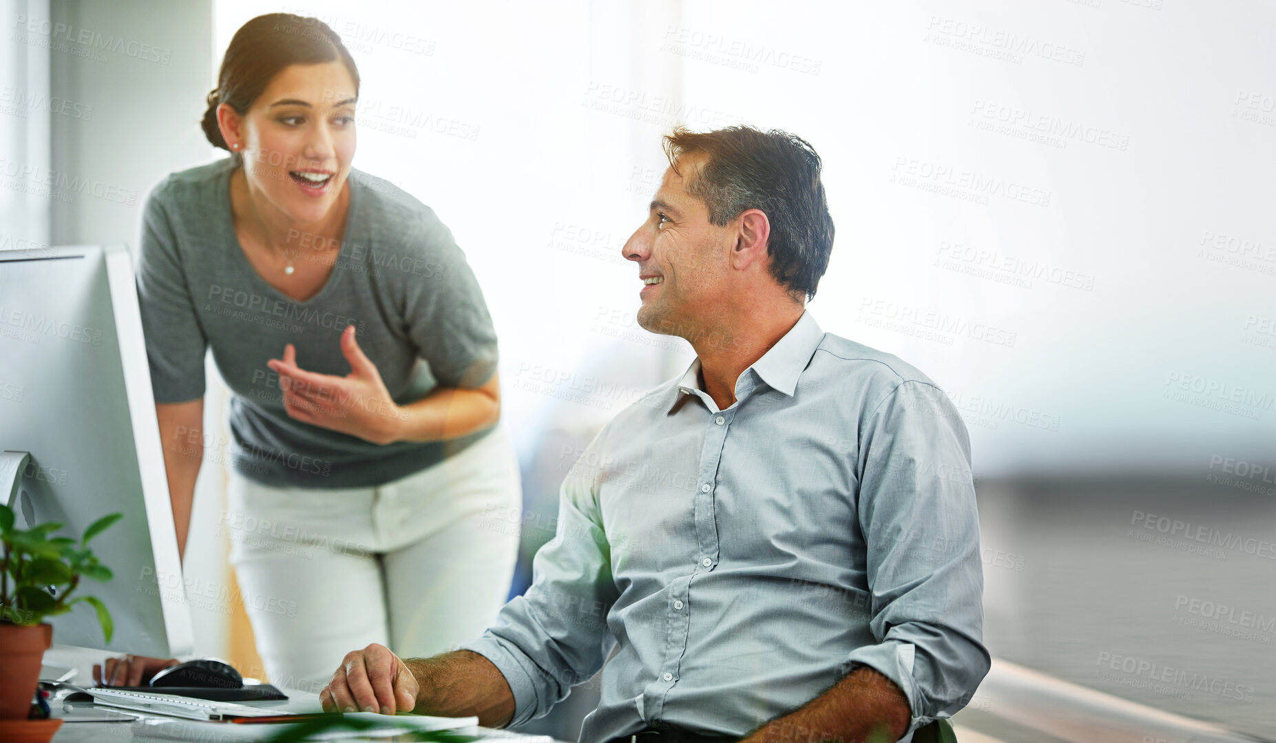 Buy stock photo Computer, planning or project management with employee and mentor in office together for discussion. Business, collaboration and smile with manager talking to person in workplace for research