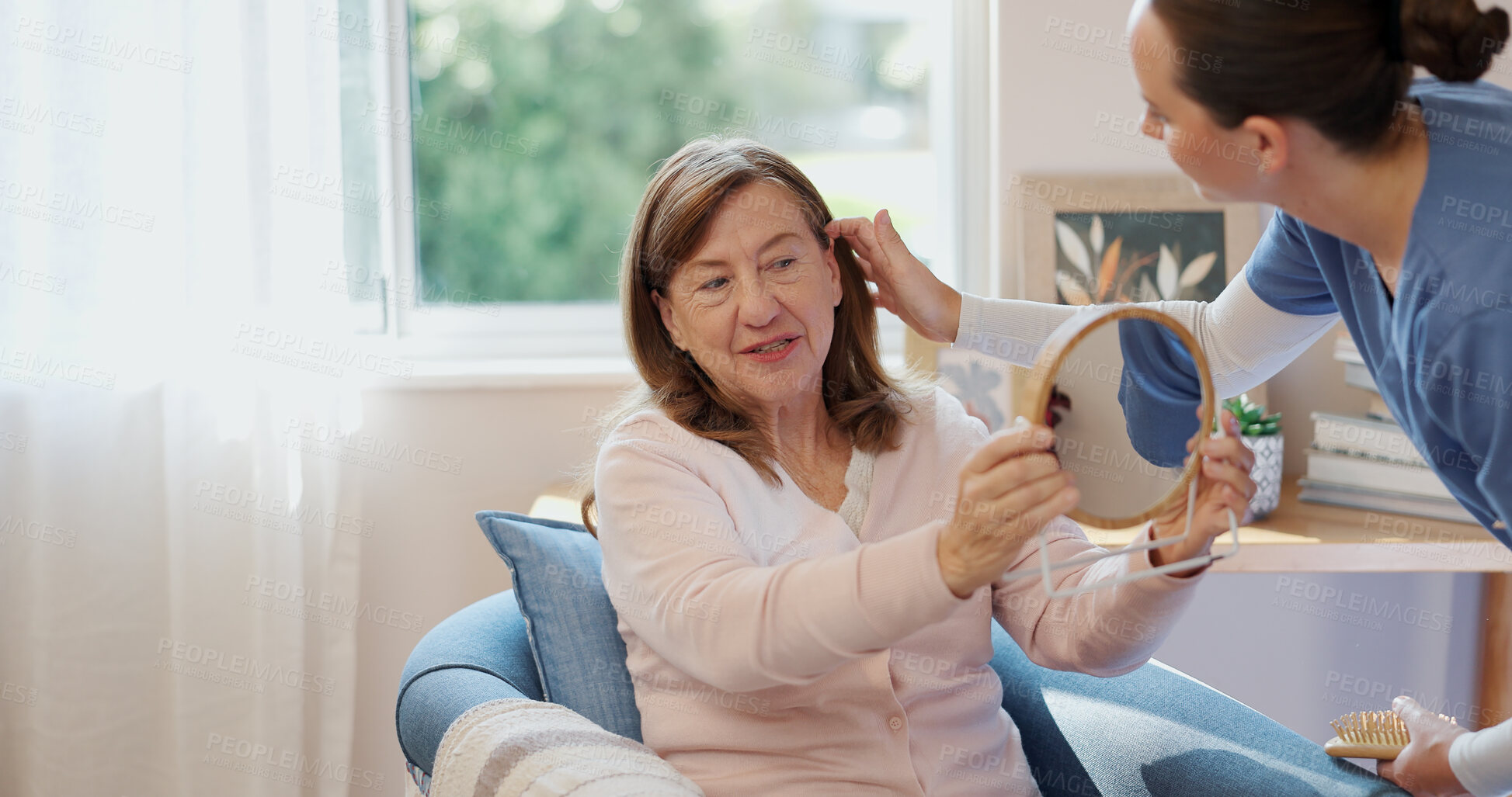 Buy stock photo Nurse, retirement home and senior woman with mirror for brush hair, kindness and happy smile for beauty. Caregiver, elderly person and grooming in hospice with reflection for hairstyle and aesthetic