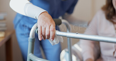 Buy stock photo Nurse, mature woman and hands for medical assistance in retirement home for safety, advice and support. Healthcare, caregiver and senior female person with disability talking for help at checkup