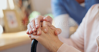 Senior, woman and nurse with holding hands for support with rehab, health and compassion in retirement. Elderly, patient and medical volunteer with kindness, sympathy and trust with homecare closeup