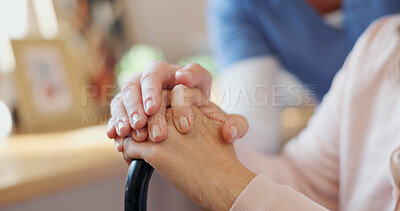 Buy stock photo Senior, woman and nurse with holding hands for support with rehab, health and compassion in retirement. Elderly, patient and medical volunteer with kindness, sympathy and trust with homecare closeup