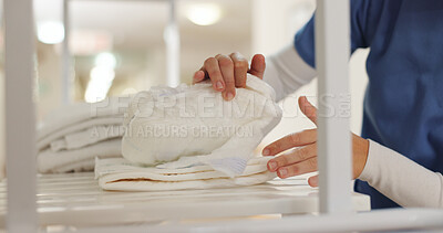 Buy stock photo Hands, inventory and nurse in hospital for check stock, towels and diapers on shelf. Checklist, professional and female caregiver for counting, product and medical supplies in retirement home