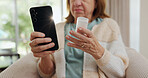 Home, pills and old woman with smartphone, typing and internet with prescription drugs, wellness and digital app. Apartment, pensioner and senior lady on couch, cellphone and tablets with research