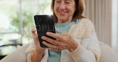 Buy stock photo Home, hands and old woman with cellphone, typing and internet with connection, social media and scroll. Apartment, pensioner and senior lady with smartphone, closeup and mobile user with app and text