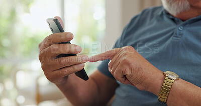 Home, hands and old man with smartphone, typing and internet with connection, social media and contact. Apartment, pensioner and senior guy with cellphone, closeup and mobile user with app and scroll