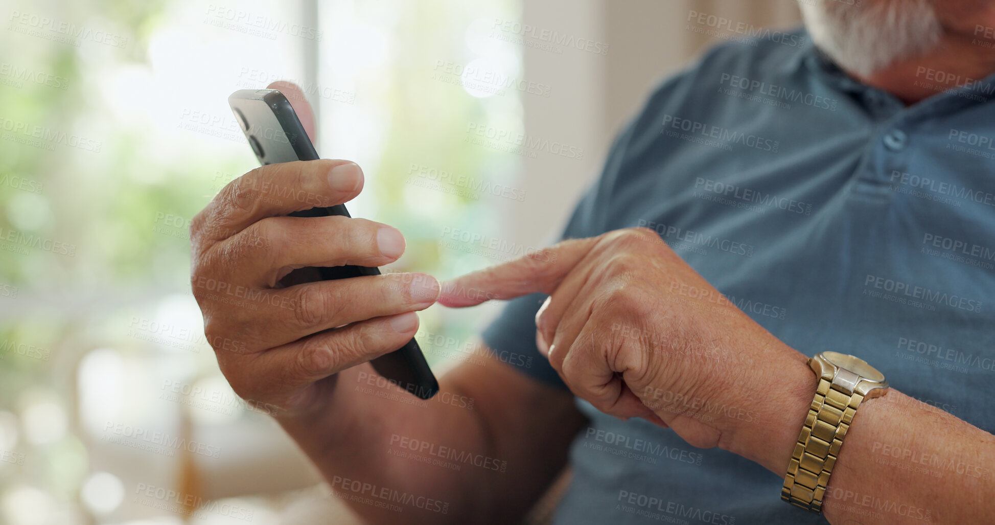 Buy stock photo Home, hands and old man with smartphone, typing and internet with connection, social media and contact. Apartment, pensioner and senior guy with cellphone, closeup and mobile user with app and scroll