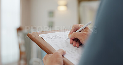 Application, hands and retirement home document with writing and checklist for agreement. Paperwork, person and registration for accommodation with information for policy and healthcare survey