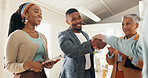 Hiring, applause and business people with handshake in office celebration for interview, success or congratulations. Recruitment, onboarding or man shaking hands with hr for b2b deal or thank you