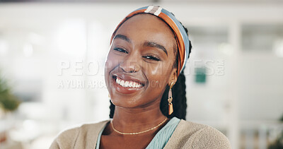 Happy, office and face of business black woman for fashion design, creative startup and company. Professional style, lens flare and portrait of worker with confidence, pride and smile in workplace