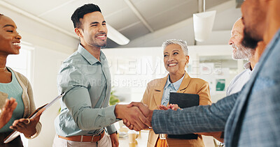 Welcome, handshake or business people with applause in office celebration for interview, onboarding or recruitment success. Thank you, praise and team clapping for man shaking hands for hr contract