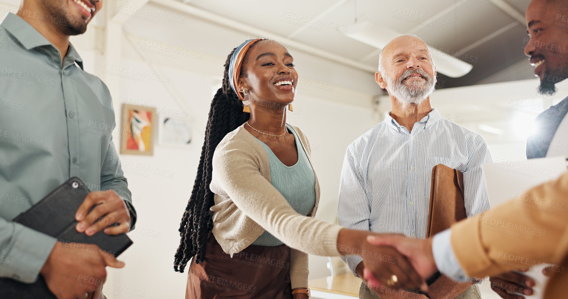 Buy stock photo Thank you, handshake or business people with applause in office celebration for interview, onboarding or recruitment success. Welcome, praise and team clapping for woman shaking hands for hr contract