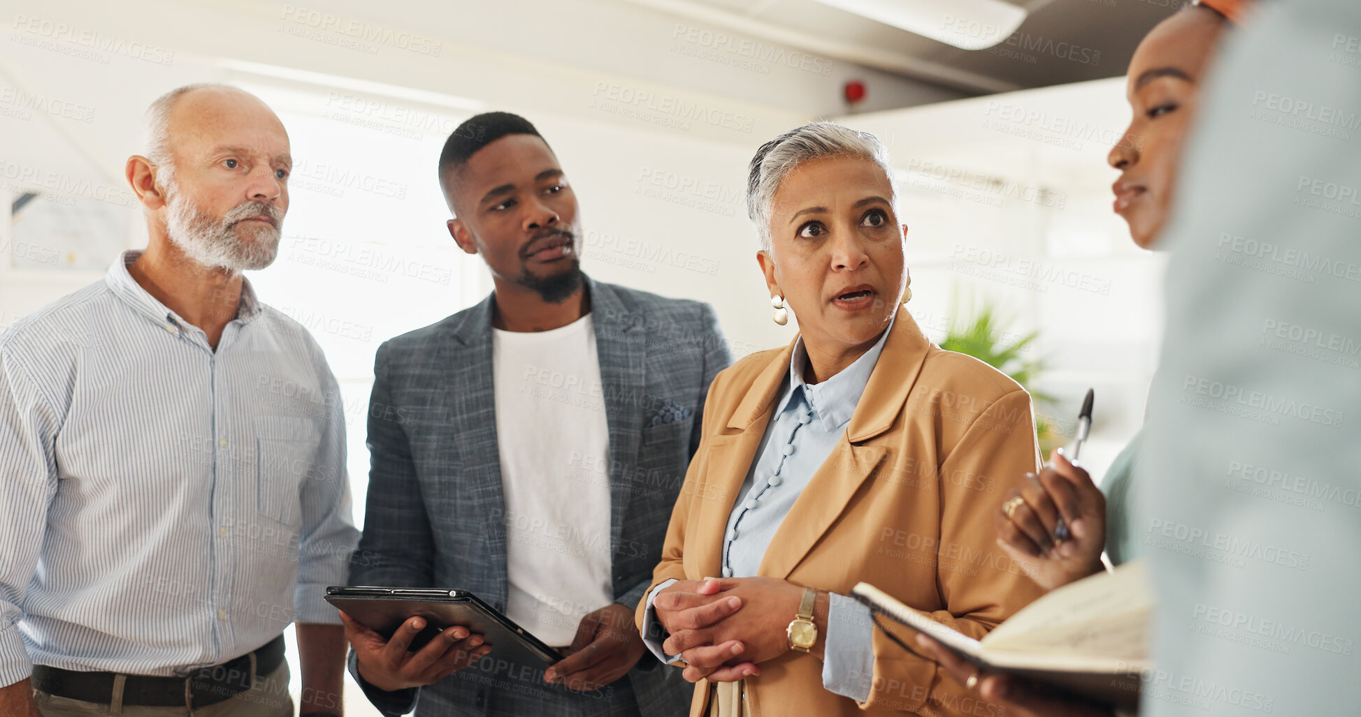 Buy stock photo Senior, woman and business people in meeting with discussion in team for creative decision making. Collaboration, manager or professional employees with paperwork for project planning or instructions