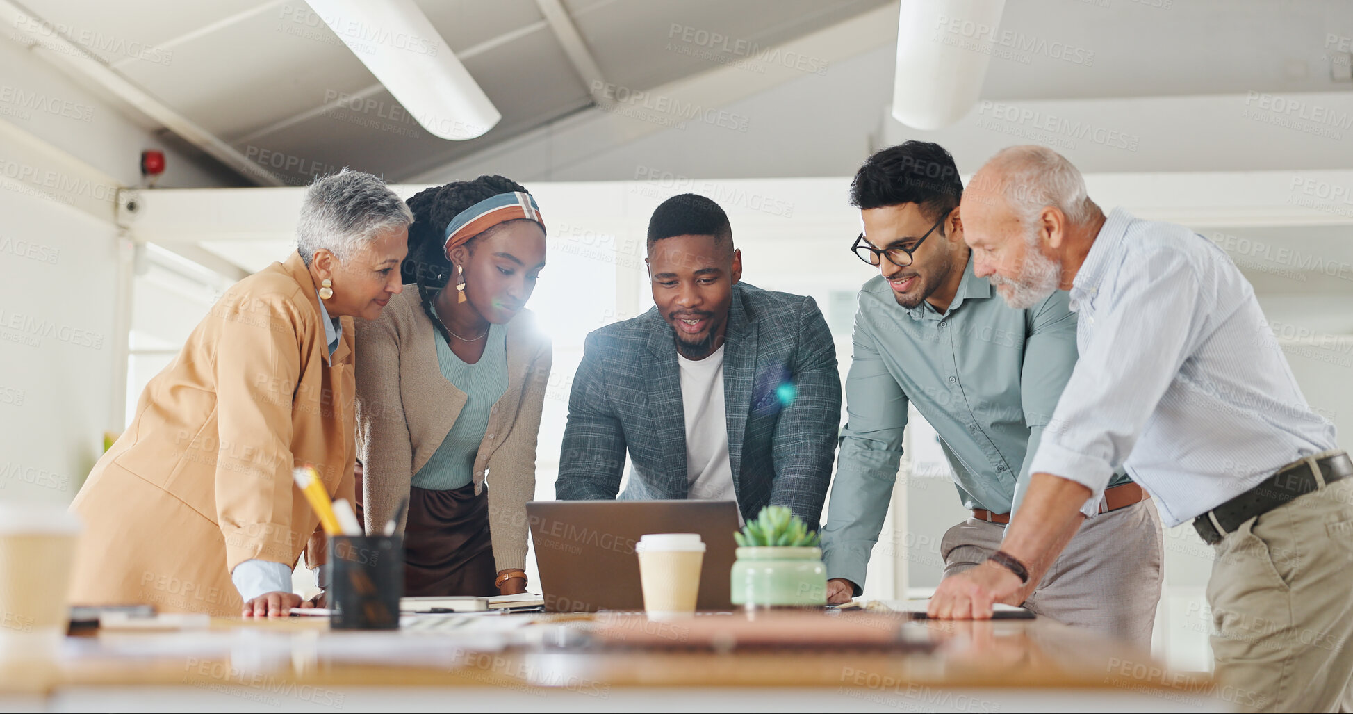 Buy stock photo Business people, planning and talking in meeting in office with discussion and creative decision making. Teamwork, professional employees and happy in boardroom for project feedback and brainstorming