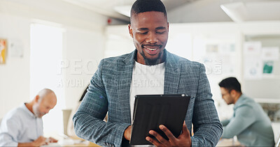 Black man, typing and tablet for business meeting for management, agenda and report in information technology. Worker, employee or programmer reading results on digital technology for job performance