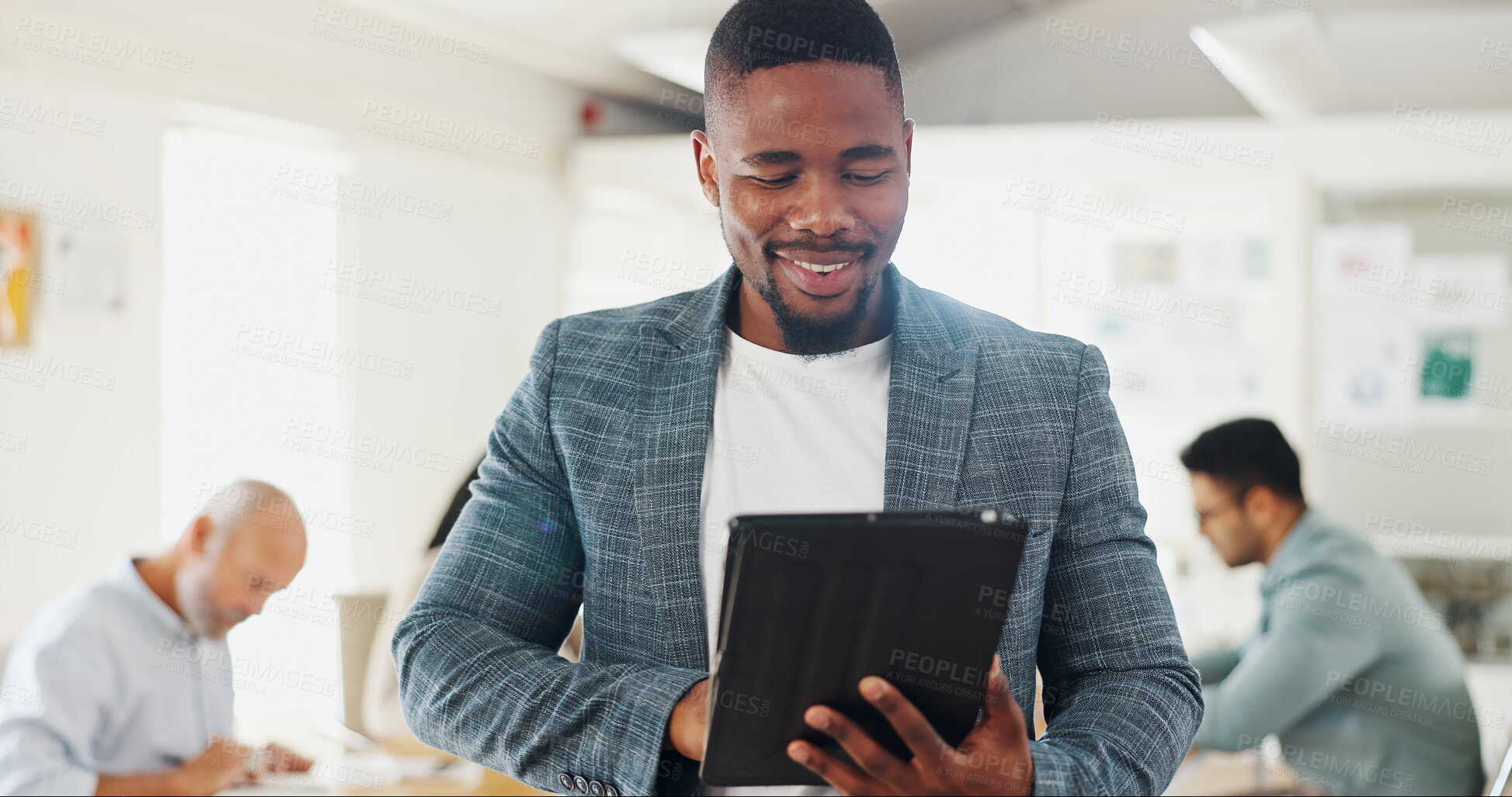 Buy stock photo Black man, typing and tablet for business meeting for management, agenda and report in information technology. Worker, employee or programmer reading results on digital technology for job performance