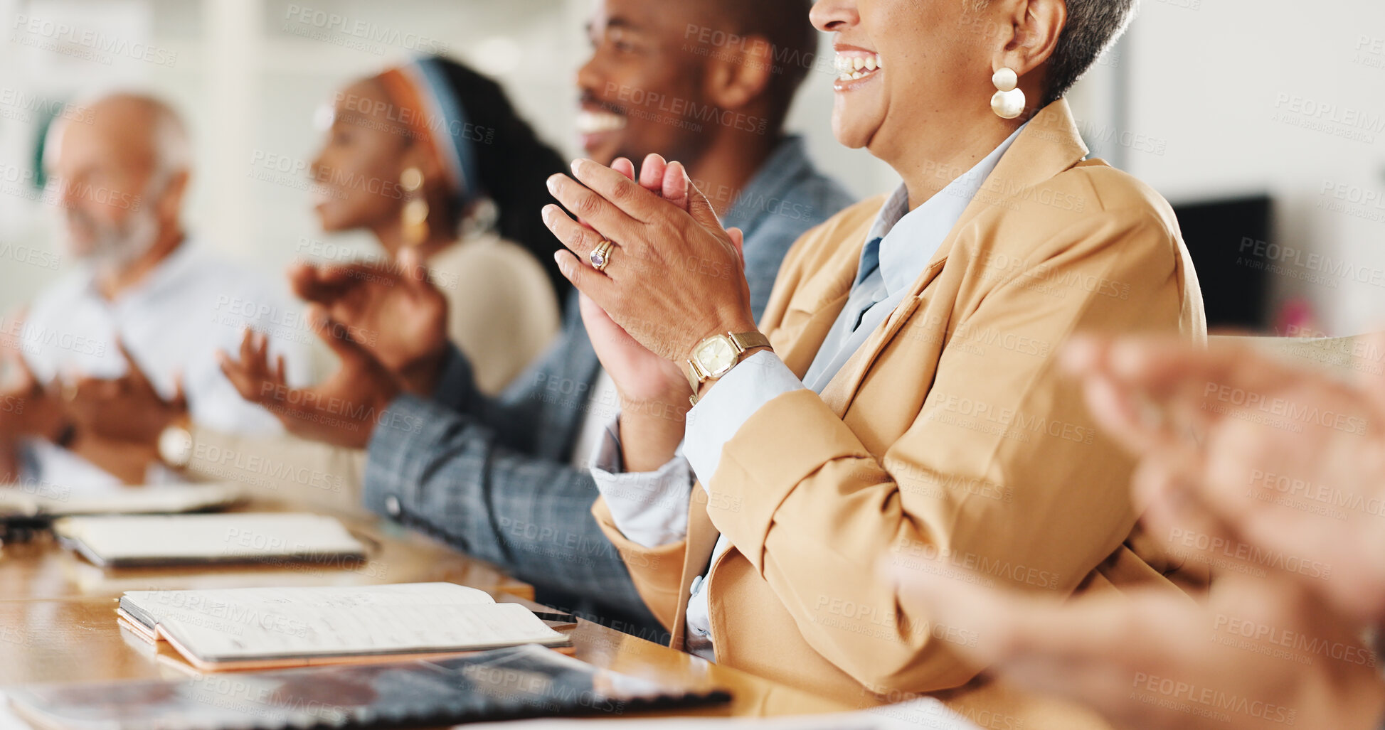 Buy stock photo Business people, applause and group with hands in meeting with cheers, training or agreement for b2b deal. Men, women and team celebration in boardroom for project, announcement and winning in office