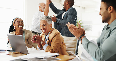 Executive, woman and team with applause by laptop for notification, deal or success in modern office. Group, senior leader and business people by computer for news, feedback or agreement for project