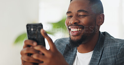 Black man, happy and online on phone in home with digital gaming, internet streaming and entertainment. African person, smartphone and smile with social media scroll, communication or relax in lounge