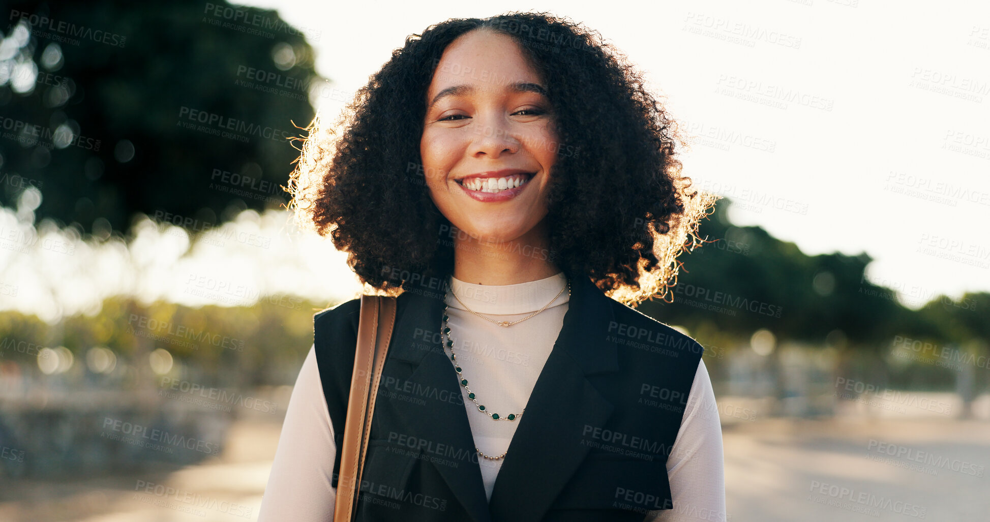 Buy stock photo Outdoor, business woman and face with smile after work, weekend plans and happy to finish job. Creative career, professional and pride of journalist while travel, commute and journey in park