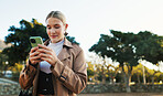 Businesswoman, cellphone and park walking for work commute in morning, notification or email. Female person, smartphone and thinking in urban nature in Boston with corporate, thoughts or decision