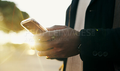 Cellphone, texting and sunrise for commute to work, hands and communication online. Smartphone, mobile or virtual conversation for travel, male person and professional or social media or networking