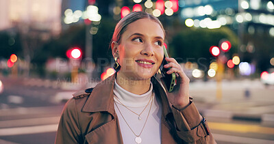 Woman, outdoor and smile on phone call for conversation, discussion and communication at night in New York. Female person, street and happy with commuting in city with networking for opportunities