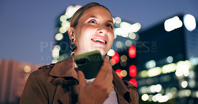 Woman, smile and outdoor with smartphone for voice note at night for conversation on social media in New York. Female person, happy and voicemail message for networking or communication on mobile app