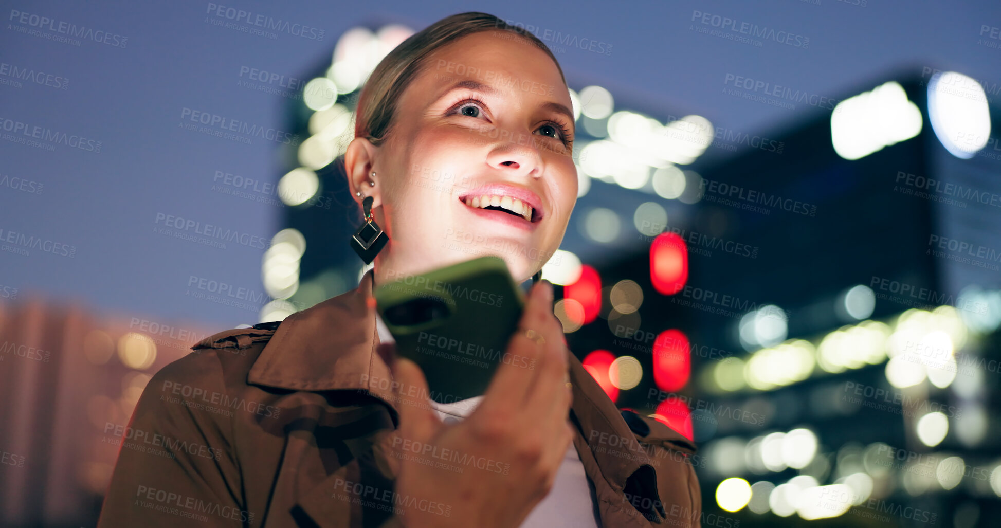 Buy stock photo Woman, smile and outdoor with smartphone for voice note at night for conversation on social media in New York. Female person, happy and voicemail message for networking or communication on mobile app