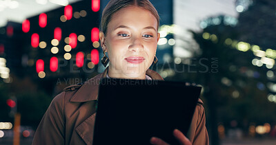Girl, online and walking in city with tablet for reading emails, socializing and networking for business event or platform. Woman, thinking and digital technology for navigation app and directions.