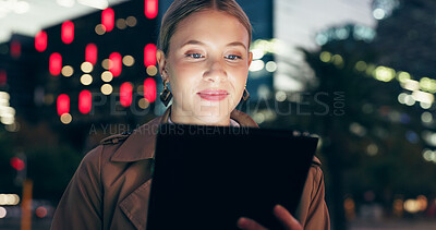 Buy stock photo Girl, online and walking in city with tablet for reading emails, socializing and networking for business event or platform. Woman, thinking and digital technology for navigation app and directions.