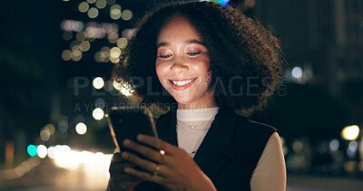 Woman, cellphone and laughing city night with bokeh lights for downtown travel, social media or meme. Female person, funny and smartphone with car traffic or New York evening, internet or digital app