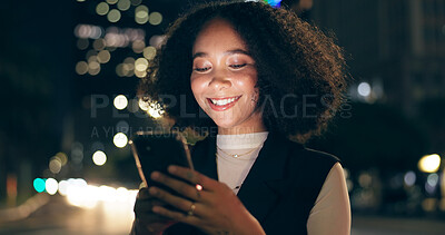 Buy stock photo Woman, cellphone and laughing city night with bokeh lights for downtown travel, social media or meme. Female person, funny and smartphone with car traffic or New York evening, internet or digital app