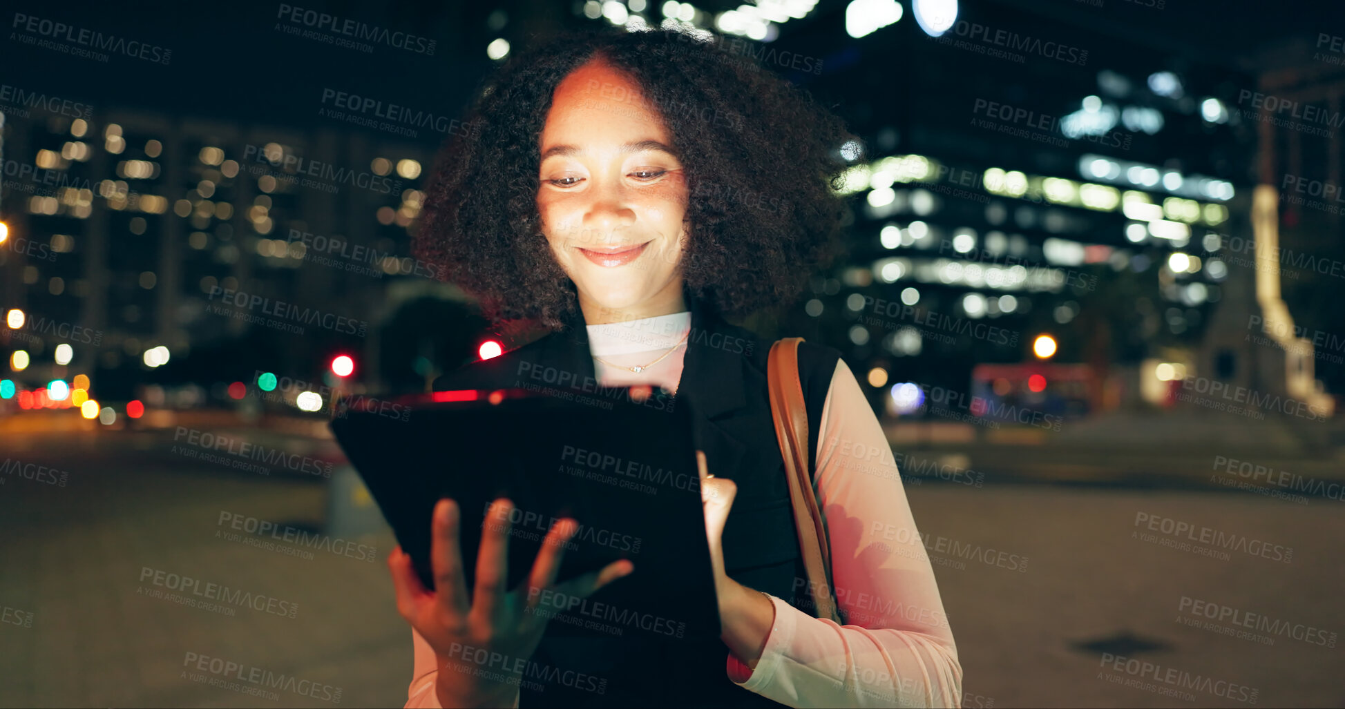 Buy stock photo Thinking, girl and night in city with tablet for research on navigation app for directions or information on nearby event. Woman, digital technology and happy for urban town, journey and creative job