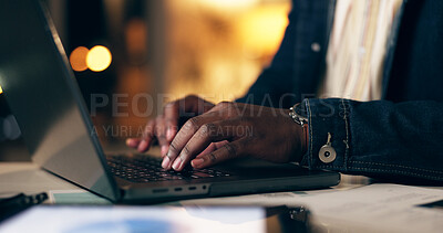 Buy stock photo Black man, laptop and working at night in office with business analytics or website with technology. Digital, planning or accounting with broker for overtime on internet or searching app with trader.