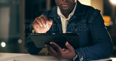 Tablet, black man and working at night in office with business analytics for company with tech. Planning, trading or finance with broker for overtime on internet or searching app with trader.