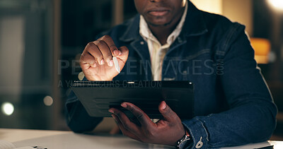 Buy stock photo Tablet, black man and working at night in office with business analytics for company with tech. Planning, trading or finance with broker for overtime on internet or searching app with trader.