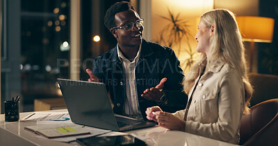 Buy stock photo Laptop, teamwork and business people together at night for brainstorming, planning or web design. Advice, partnership and consulting for development, digital project or problem solving in dark office