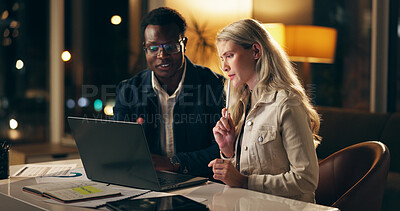 Buy stock photo Laptop, teamwork and business people together at night for brainstorming, planning or web design. Advice, partnership and consulting for development, digital project or problem solving in dark office