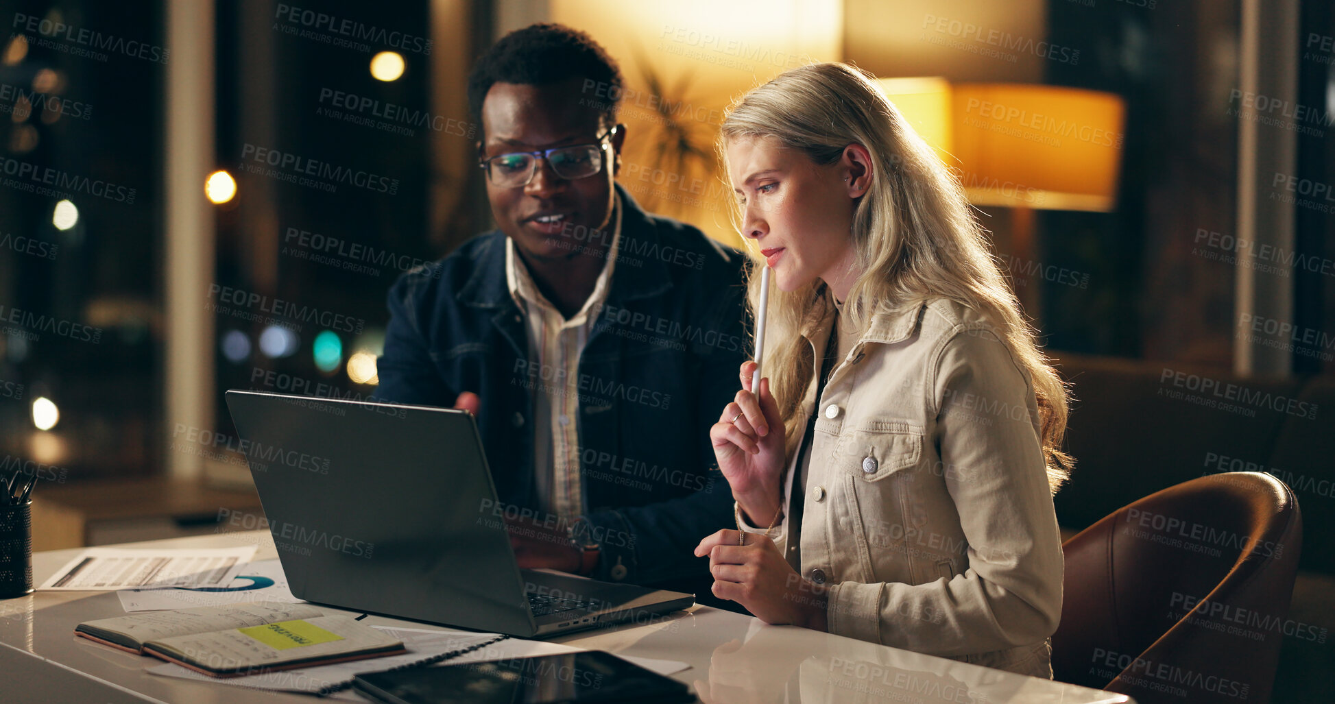 Buy stock photo Laptop, teamwork and business people together at night for brainstorming, planning or web design. Advice, partnership and consulting for development, digital project or problem solving in dark office