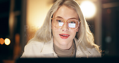 Night, reflection and business woman with glasses in office for overtime work, report deadline or planning. Professional, graphs and analyst with laptop for market research, reading or data analysis