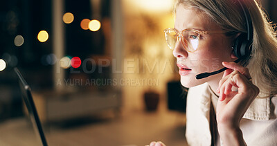 Virtual assistant, headset and woman agent in office at night for technical support surveillance duty. Programming, late and female police cyber security consultant working on computer for overtime.