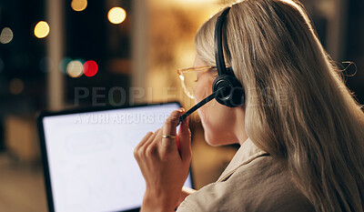 Businesswoman, telemarketing and virtual assistant with headset at call centre for customer service. Female person or employee and computer for client support and communication for technical issues
