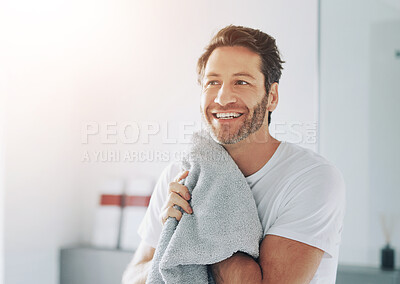 Buy stock photo Grooming, towel and man in bathroom for morning with routine at home with hygiene for shower. Smile, skincare and male person with clean, smooth and fresh body for dermatology at apartment in Canada.