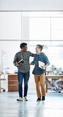 Buy stock photo Creative, man and laughing with discussion in office building for collaboration on designer project for agency. Colleagues, talking and together for partnership or friendship in workplace and ideas