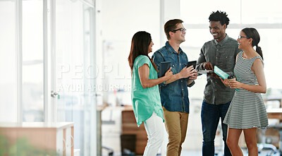 Buy stock photo Meeting, people and happy in office with documents for teamwork, collaboration and plan as graphic designer. Employee, conversations and smile for creativity, planning and brainstorming for project