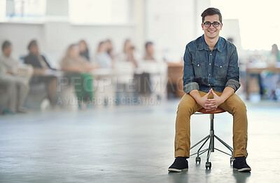 Smile, workshop and portrait of man with chair in studio for about us, happiness or career goals. Startup, entrepreneur and person with design agency for development, professional or company growth